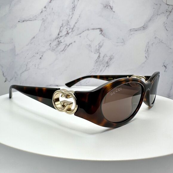 New Gucci Sunglasses Brown Tortoise Hailey Bieber Collaboration Oval Gold GG - Picture 14 of 16